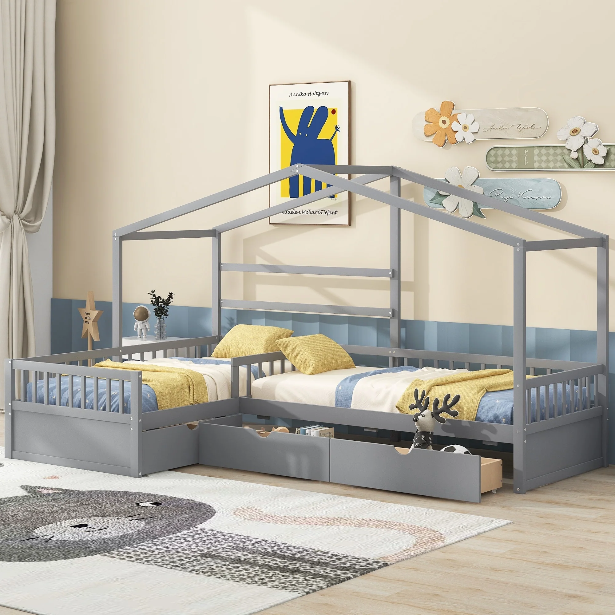 Gray Double Twin L-Shaped House Platform Bed with Drawers and Guardrail