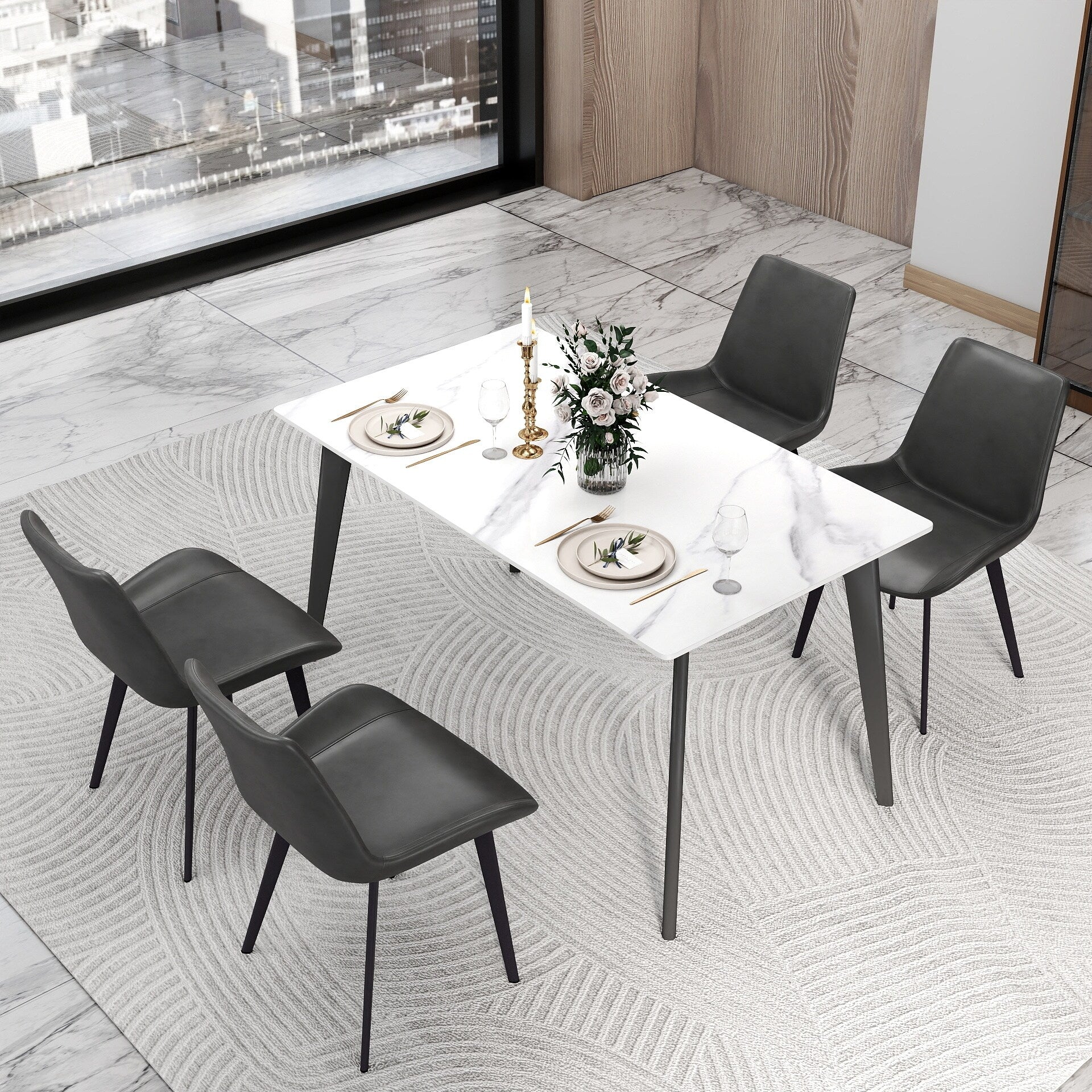 White 55 Inch Sintered Stone Kitchen Table with Metal Legs, Modern Dinner Table, Minimalist Sintered Stone Tabletop
