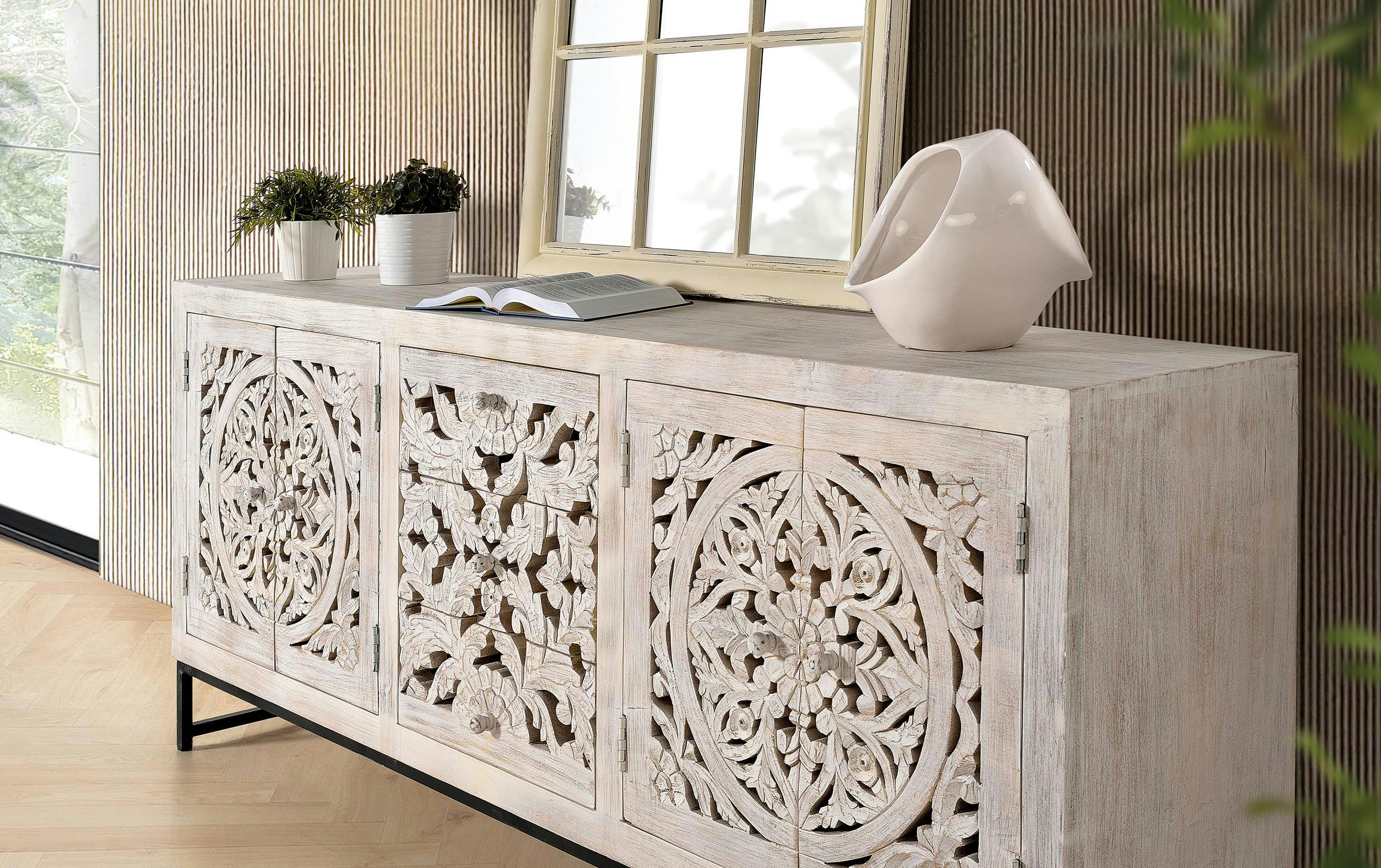 MYKONOS - Buffet en manguier et pieds en métal blanc vieilli