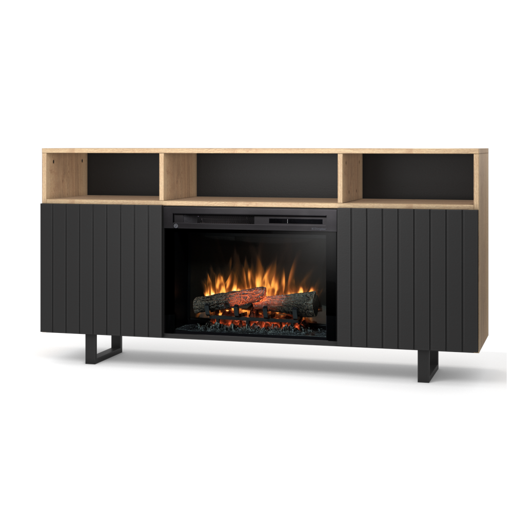 Szarka RTV z kominkiem elektrycznym 166 cm 26" XHD Czarny, Dąb Warmtec