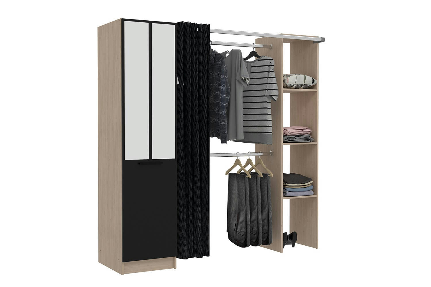 NICE - Dressing industriel bois avec rideau noir et 2 penderies et 6 étagères