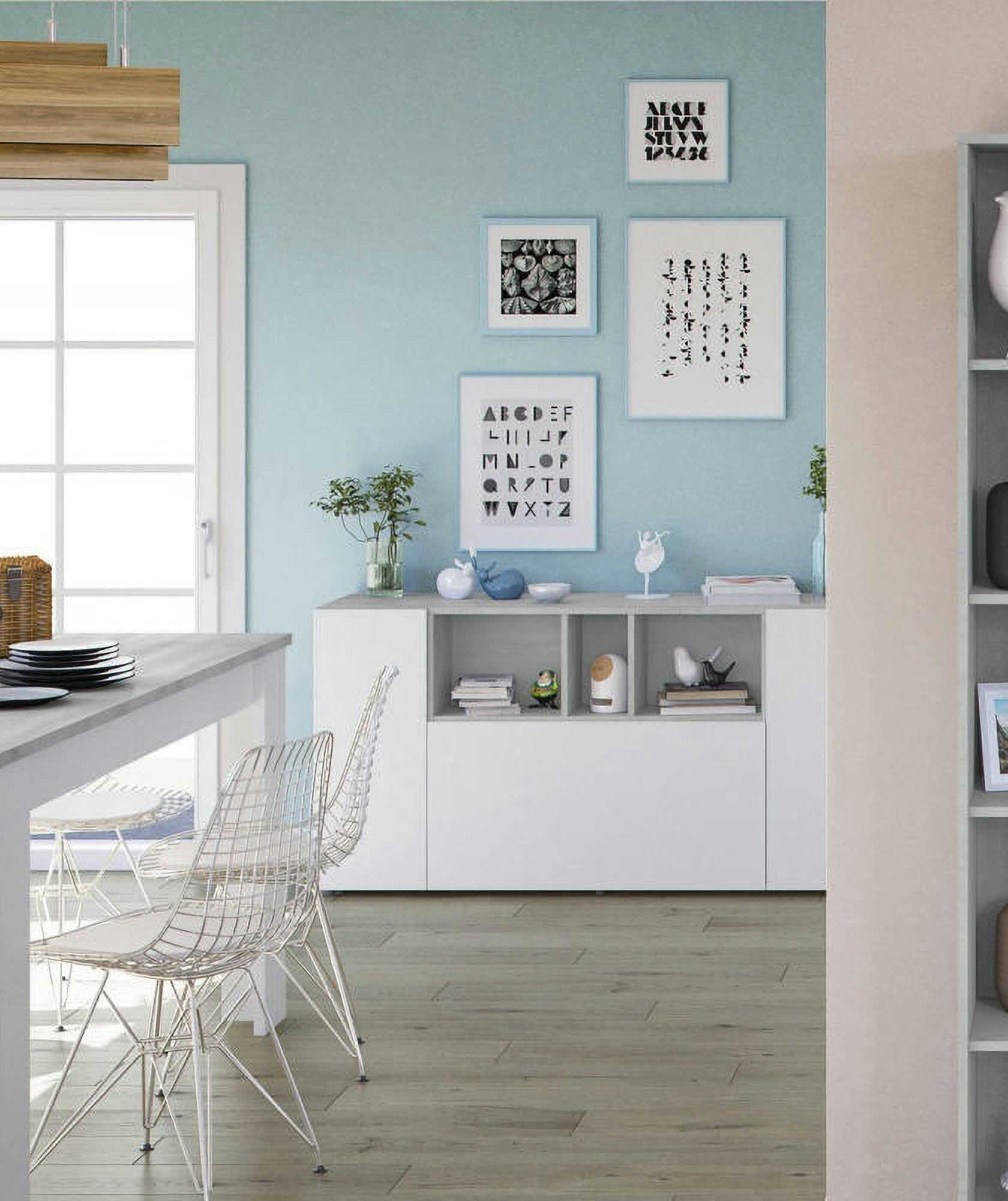 DLOP - Buffet 3 portes effet bois blanc et béton