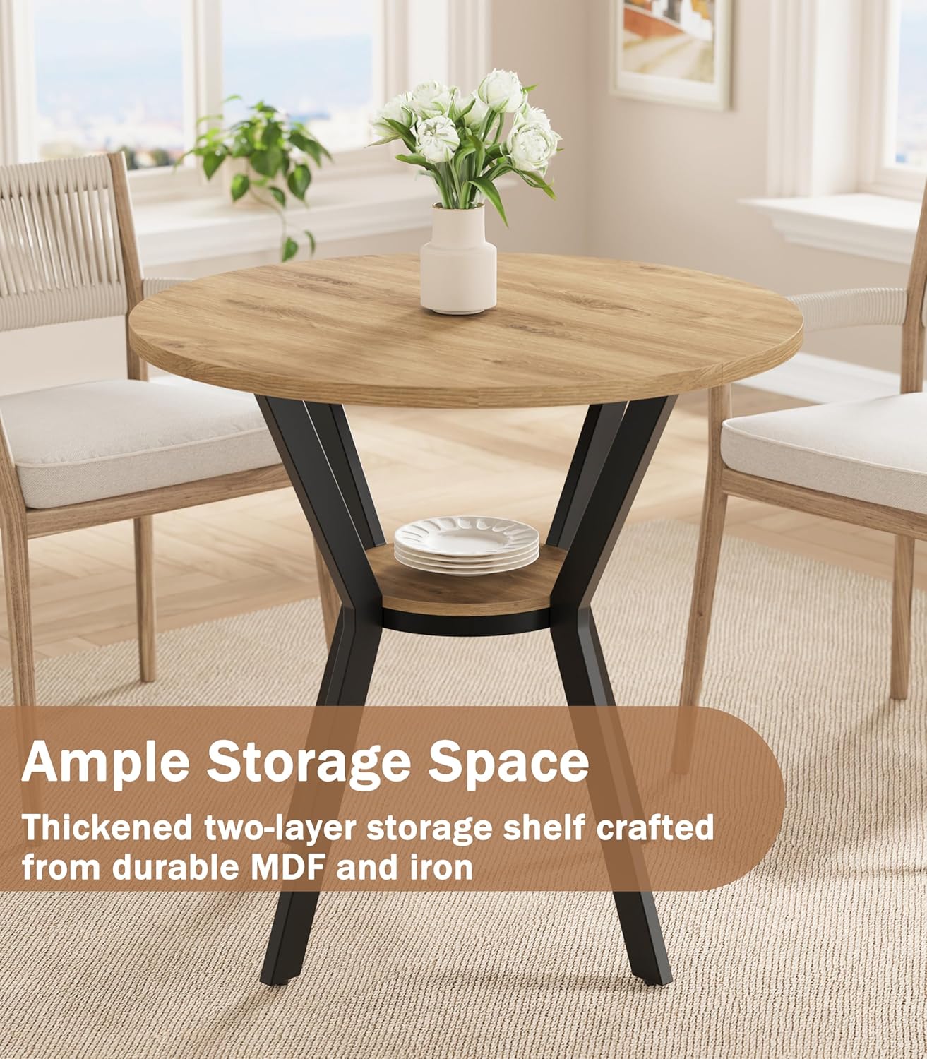 Round Kitchen Tables for 2-4, 31.5 Small Dining Tables with Storage, Rustic Wood Circle Dinner Table with Metal Leg, Farmhouse Dinner Table for Small Space, Dining Room, Kitchen, Office, Apartment