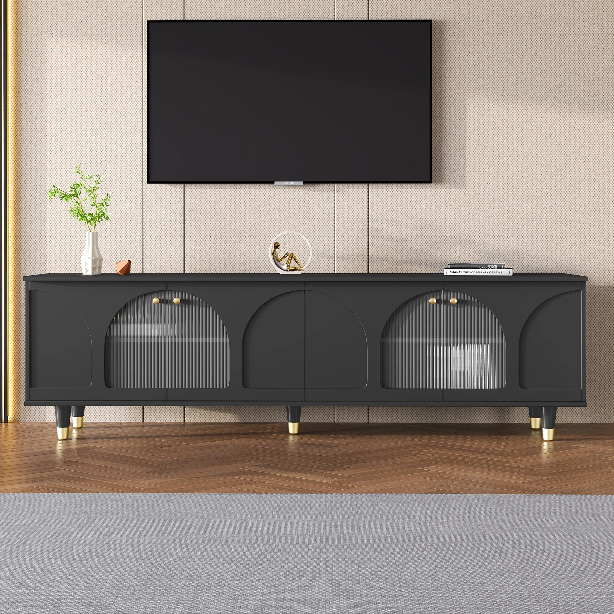 Black 69 TV Stand with Shelves, Gold Handles & Glass Doors for TVs Up to 78
