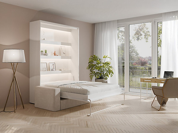 Lit escamotable 160 x 200 cm - Ouverture verticale manuelle - Avec LEDs - Blanc   Canapé   Matelas - RAPILI