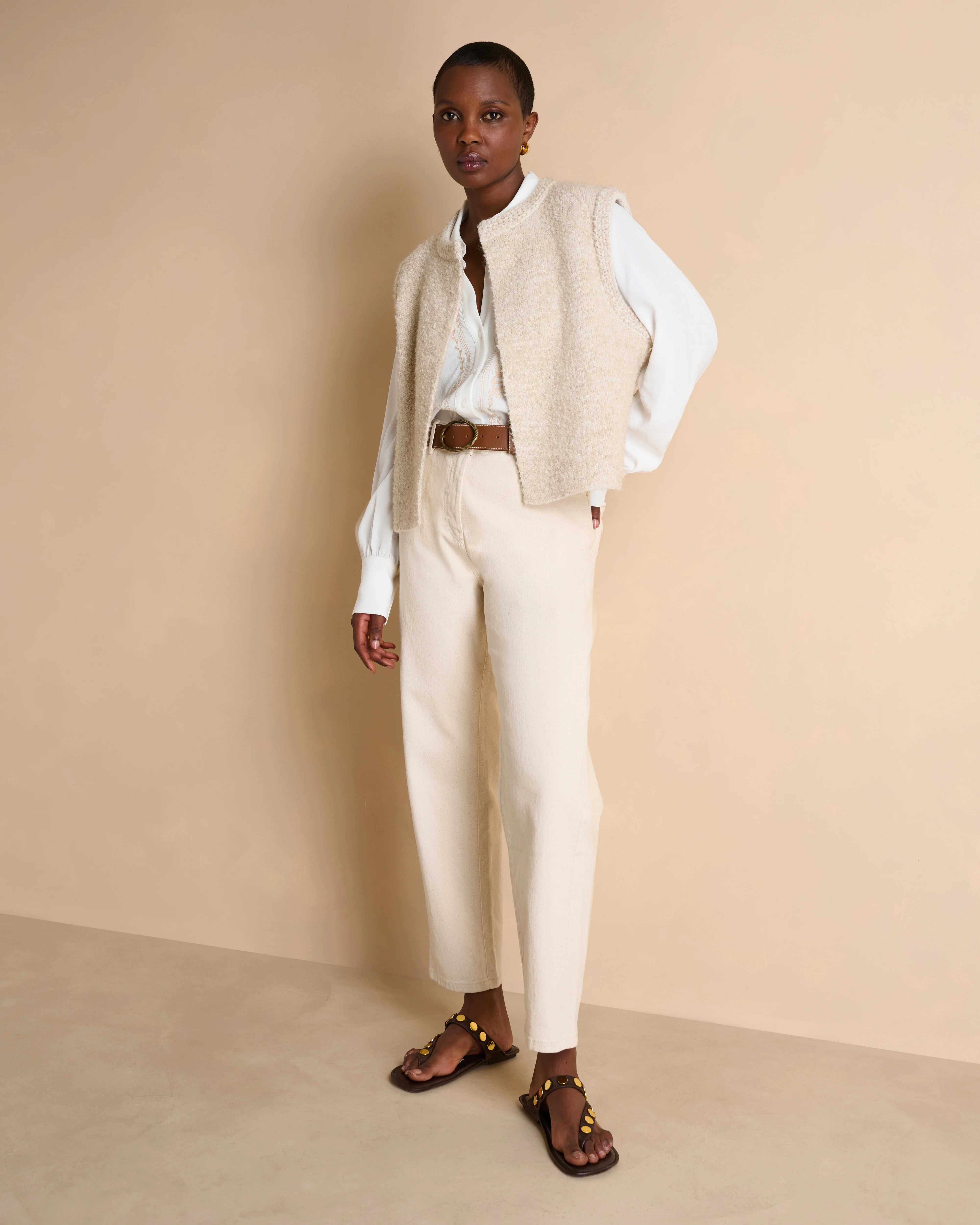 Gilet beige sans manches en laine bouclette col rond GUIMAUVE/14067/003