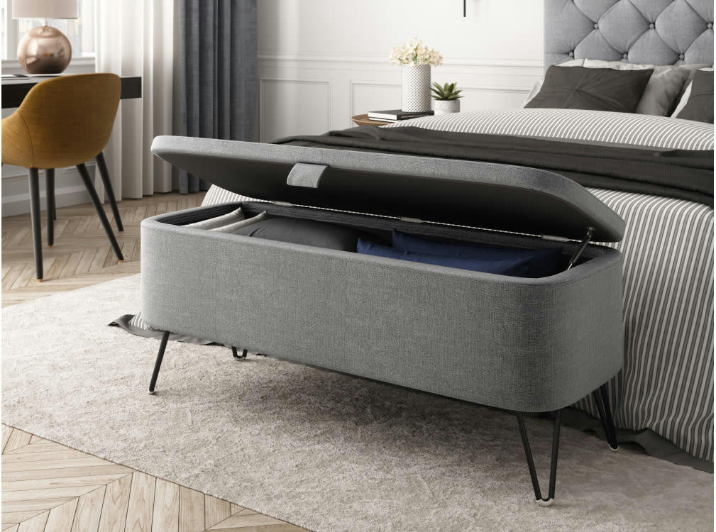 POLY - Bout de lit avec coffre de rangement et pieds en métal - Gris clair