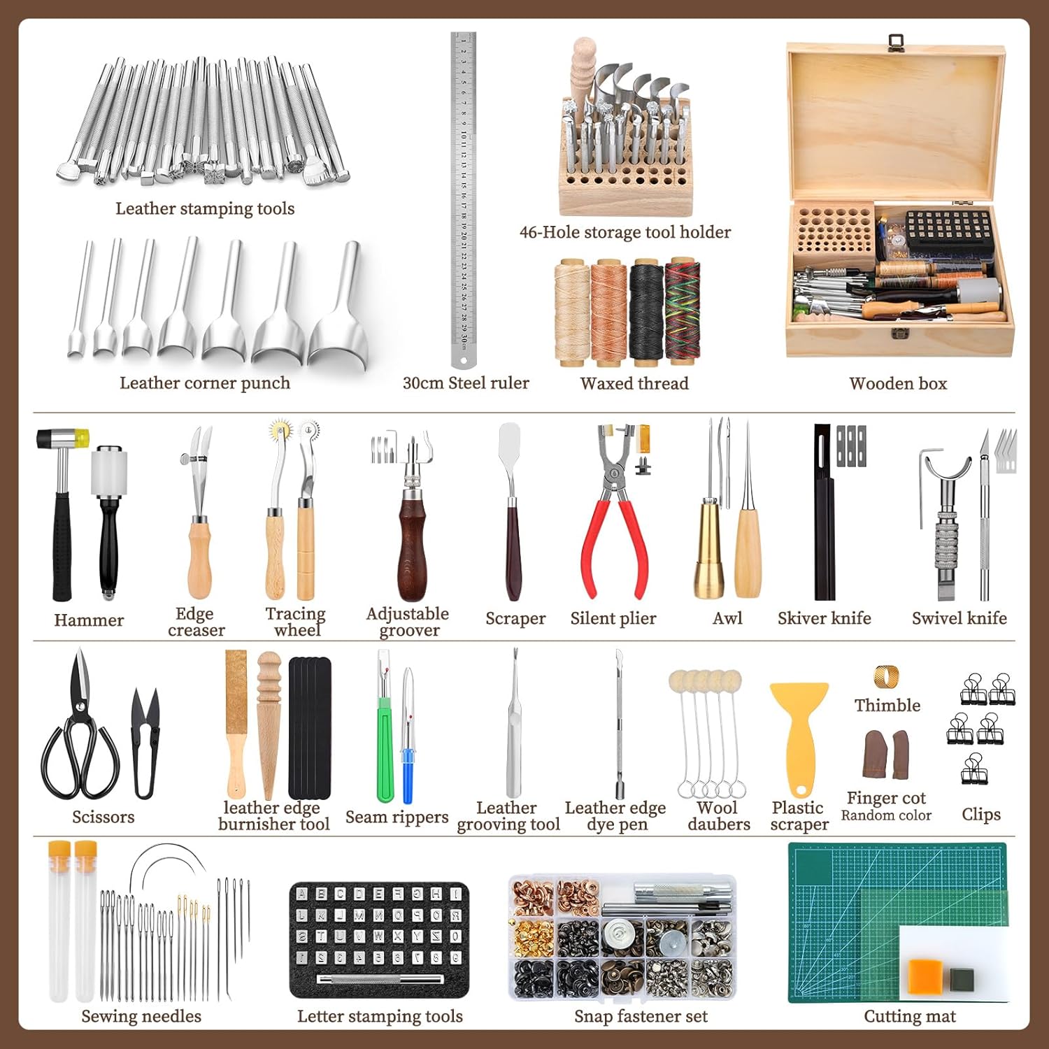 424 Pcs Leather Working Tools Leather Tools Leathers Tooling Kit Leathers Hole Punch Tool with Instructions, Sewing Kit, Wooden Storage Box, Stamping Set