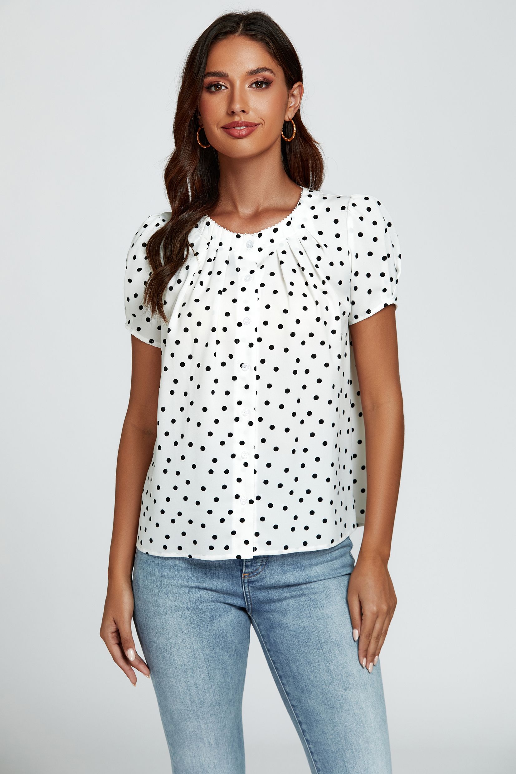 FS Collection Dot Print Short Sleeves Top In White