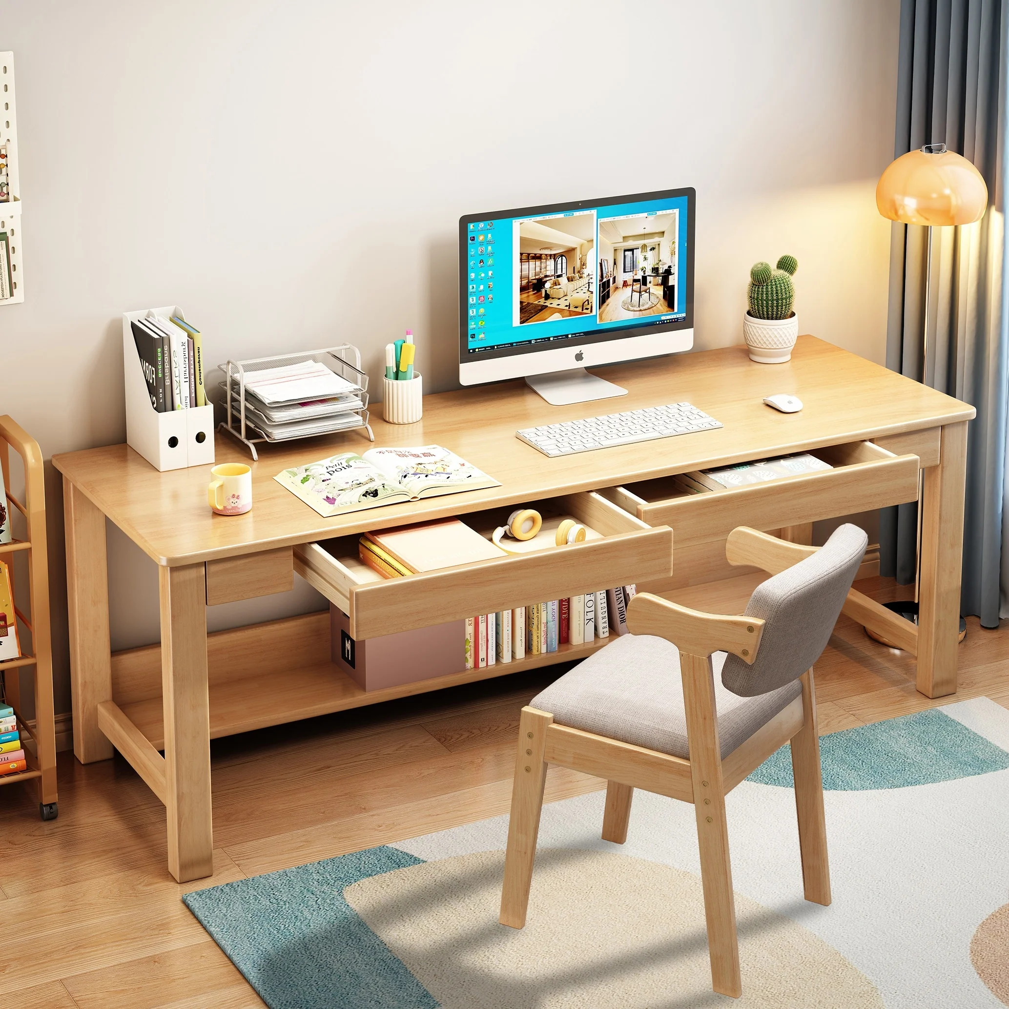 Wooden Modern Computer Desk and Chair Set , Large Home Office Desk Study Writing Desk Workstation
