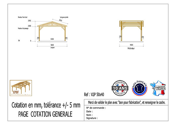 Carport 2 pentes 500 cm x 400 cm, bois DOUGLAS Français(Charpente en bois-auvent-abri voiture),20 m². Garantie 10 ans