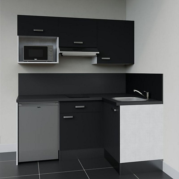 Kitchenette KA03 façades Noir - Plan de travail Noir texturé - Crédences : Oui - Evier inox - Electroménager Inox inclus