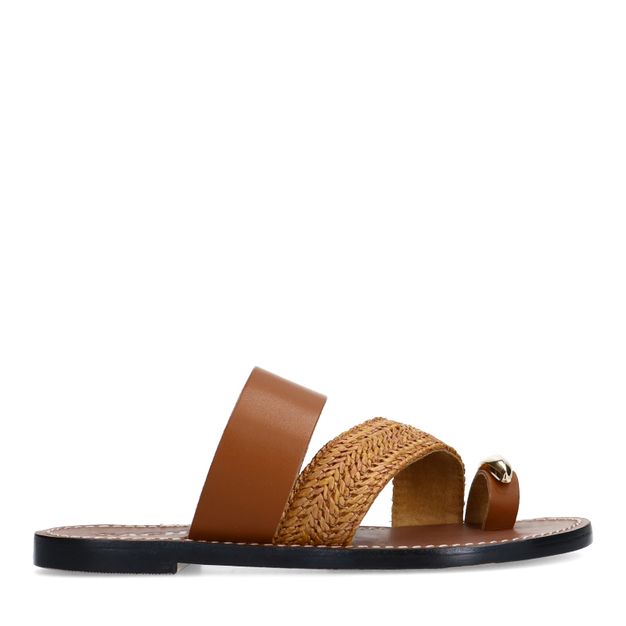 Congac leren slippers met goudkleurig detail