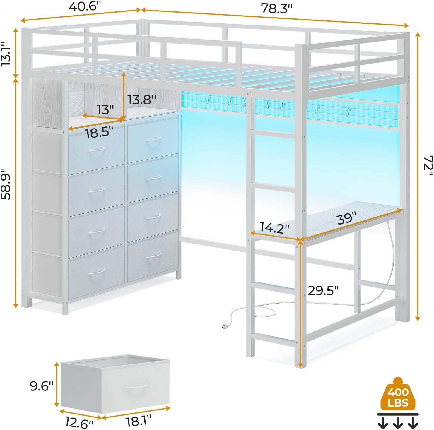 ADORNEVE Twin Size Loft Bed with Desk and 8 Storage Drawers, Metal Kids Loft Bed Twin with LED Lights & Charging Sation, Storage Shelves, 13.1 H Safety Guard & Ladder, No Box Spring Needed, White
