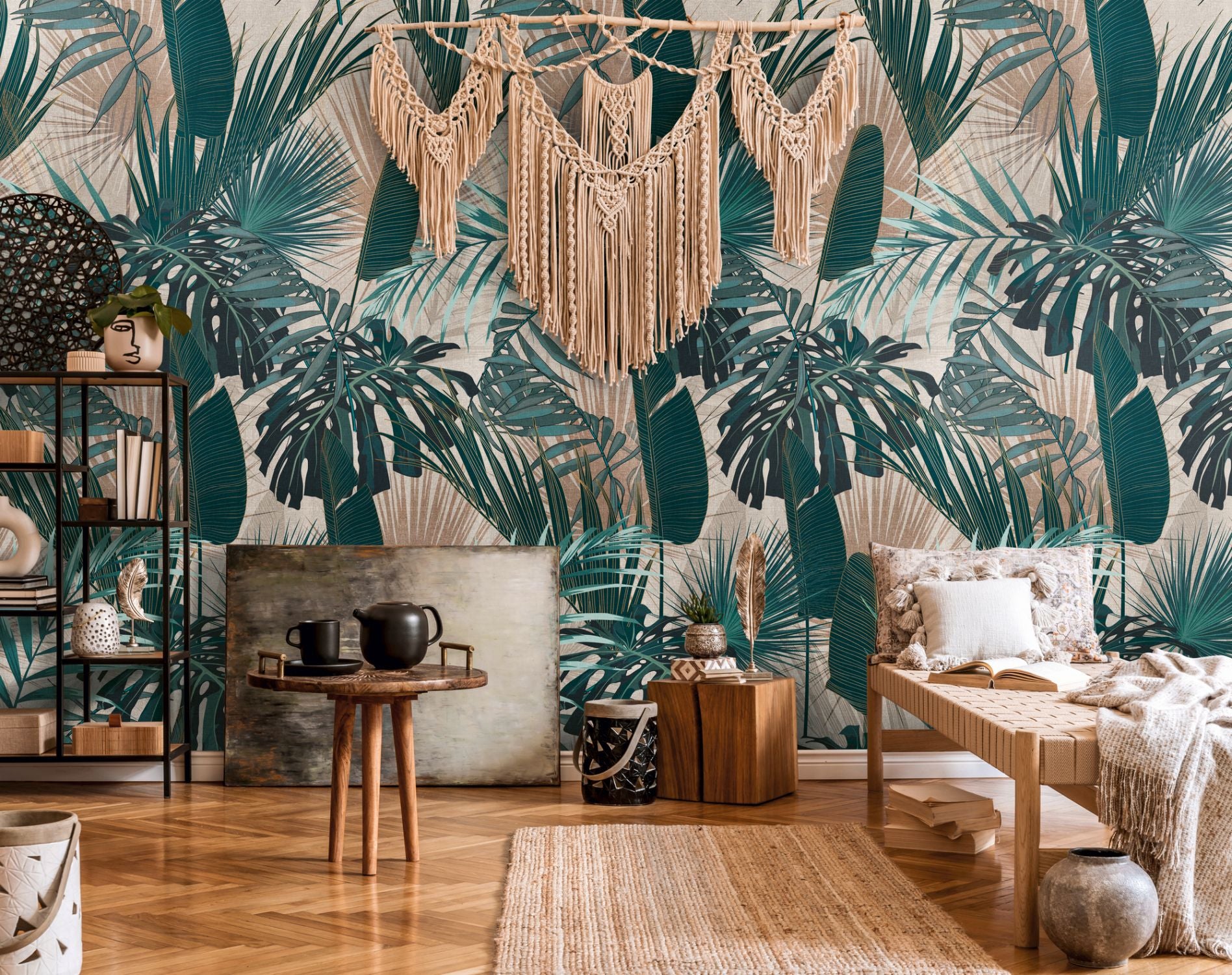 Livingwalls fotobehang jungle-motief groen, beige, petrolblauw en grijs - 159 x 280 cm - AS-391801