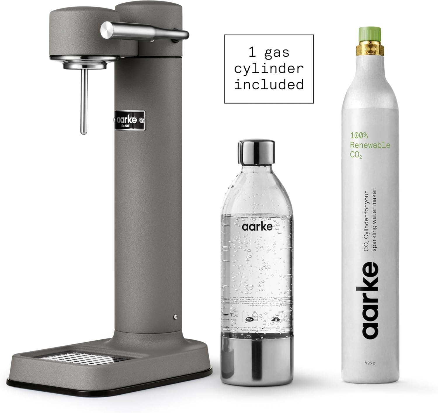 Aarke Carbonator lll with CO2 Cylinder, Sparkling & Carbonation Water Machine, Stainless Steel with PET BPA-Free Reusable Bottle Volume 1L/34 fl oz (Matte Grey)