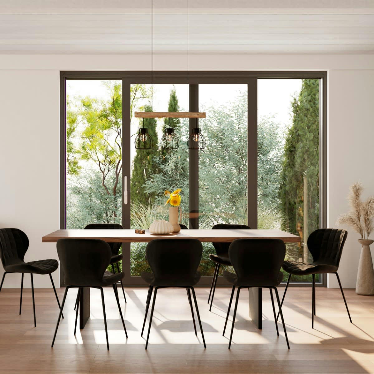 ABBY - Suspension 3 lampes en bois d'eucalyptus et métal noir