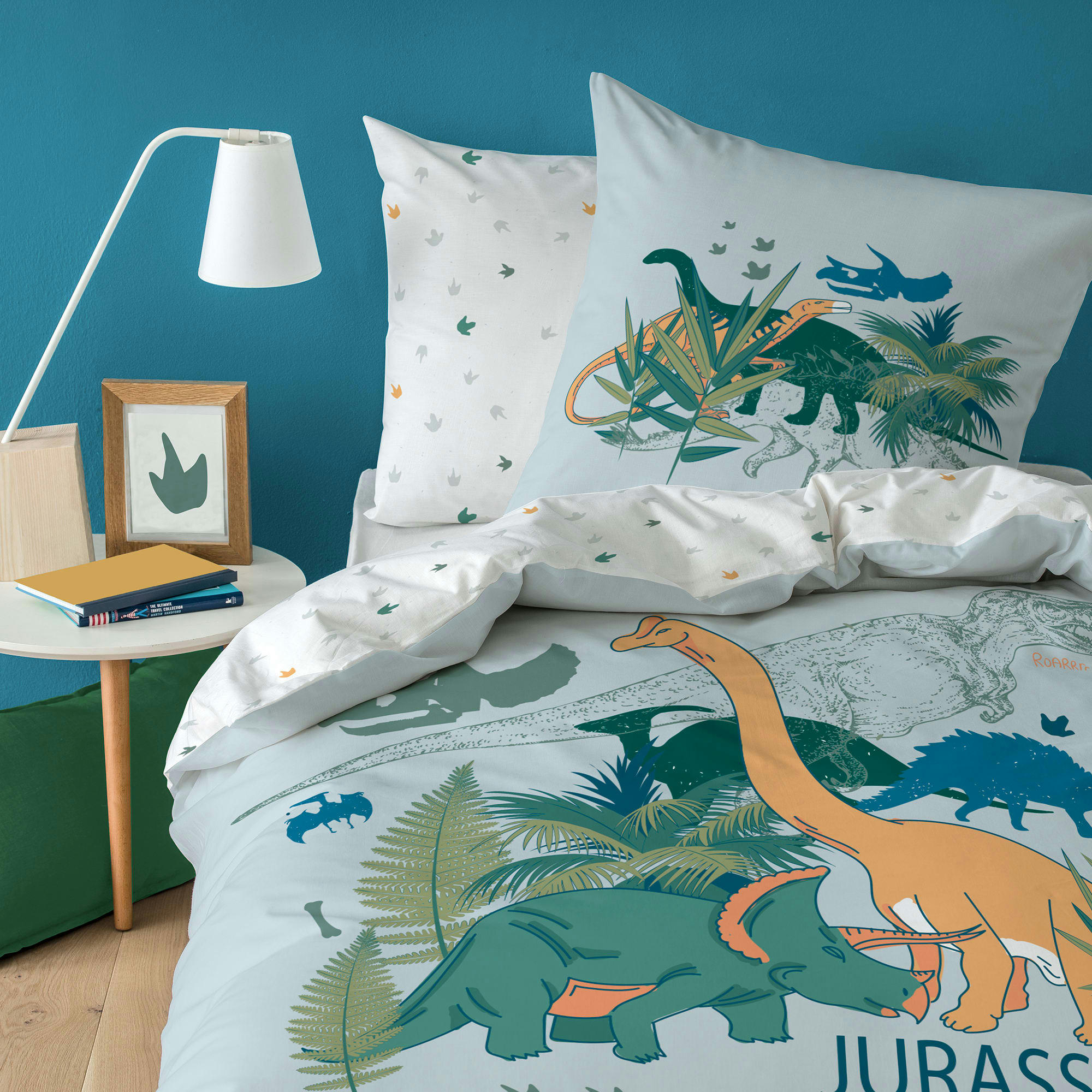 DINO JUNGLE - Parure de lit imprimée en coton Gris 140x200+63x63cm