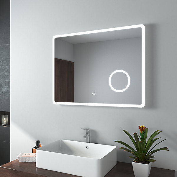 EMKE Miroir lumineux salle de bain 80x60 cm, interrupteur tactile, anti-buée, 3x grossissement, lumière variable, dimmable