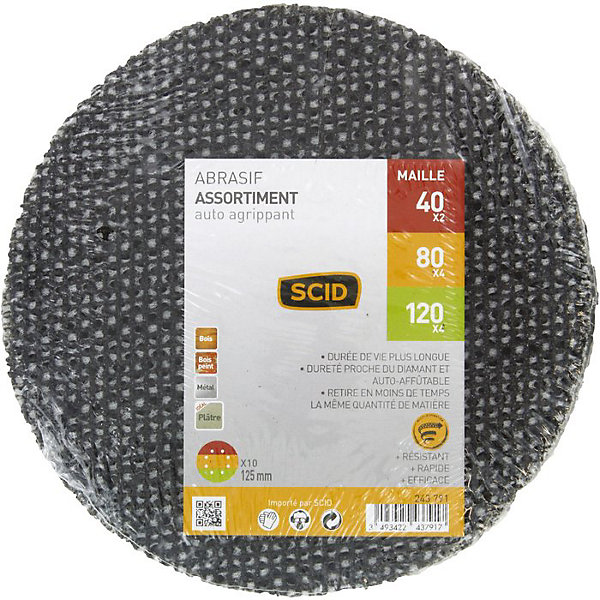 Disque abrasif maille - SCID - Auto-agrippant - Diamètre 125 mm - Grain 40 x 2 - 80 x 4 - 120 x 4 - Vendu par 10