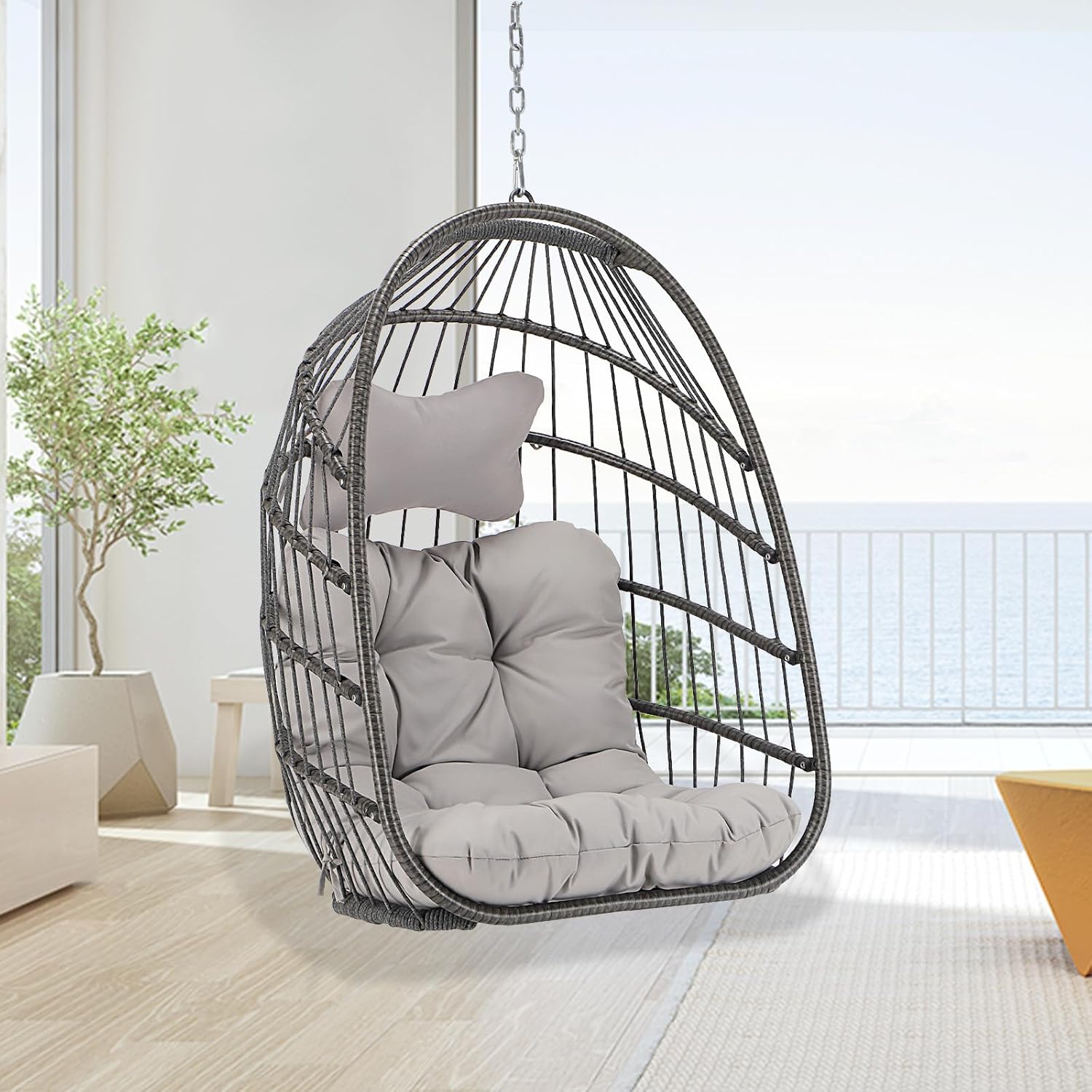 BULEXYARD Hanging Egg Chair Without Stand, 350 Lbs Foldable Wicker Rattan Swing Chair with Comfy Cushion, Outdoor Relaxing Hammock for Bedroom Patio Backyard Balcony Ceiling Tree Mount, Light Grey