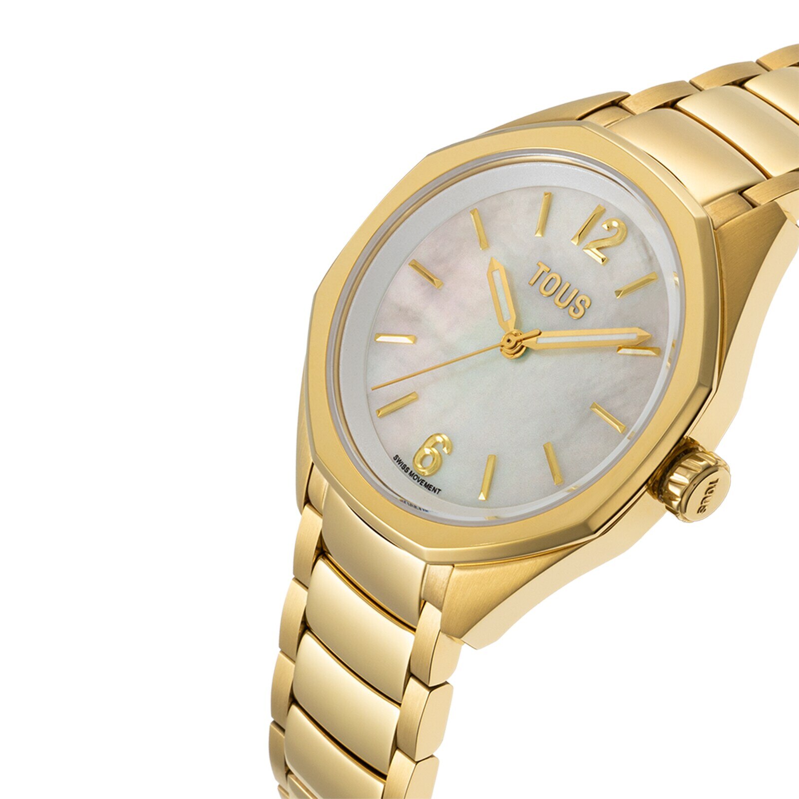 Reloj analógico con movimiento suizo, esfera de nácar y brazalete de eslabones de acero dorado Tous Now