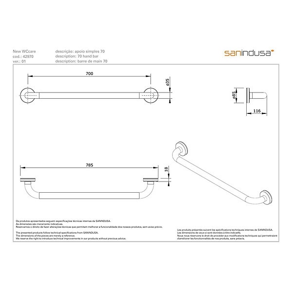 Barre de relèvement et appui droite PMR normes handicapé SANINDUSA NewWCCare 70 inox brossé