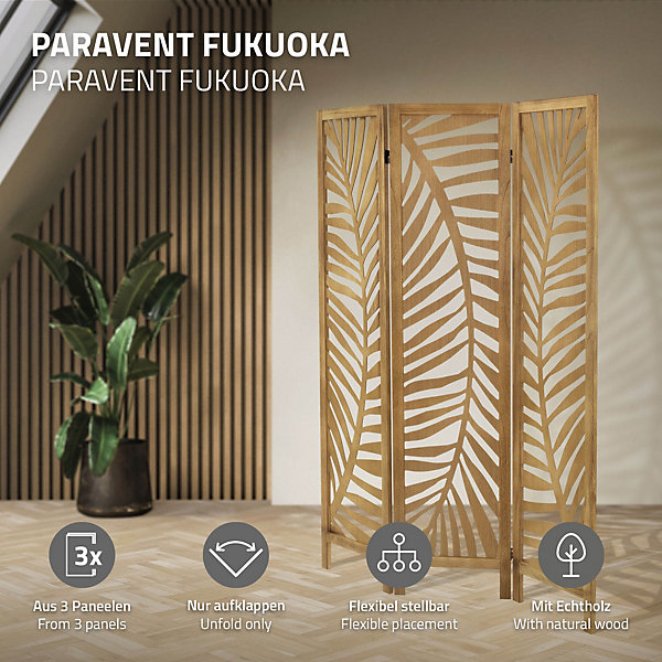 Paravent intérieur pliable ML-Design Fukuoka H170 cm naturel en bois 3 panneaux séparation de pièce