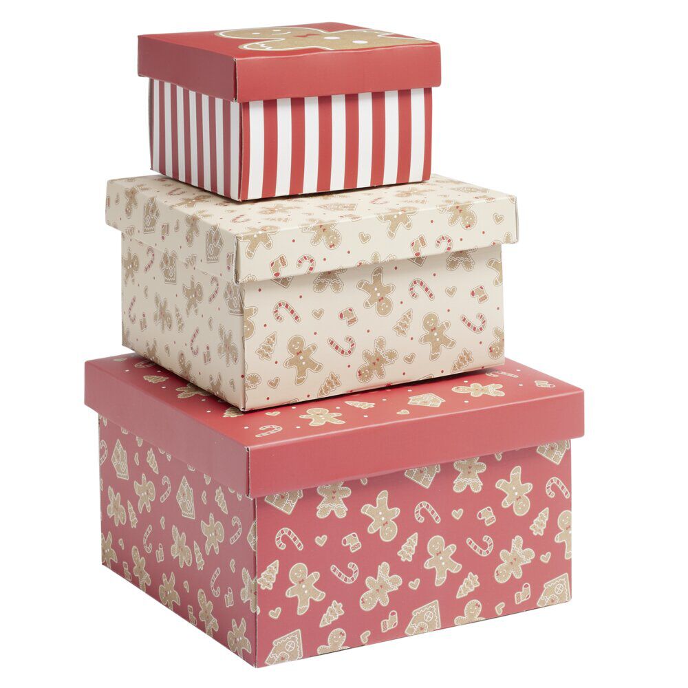 BoÎte cadeau No&euml;l x3 pliable 3 tailles motif pain d'épices