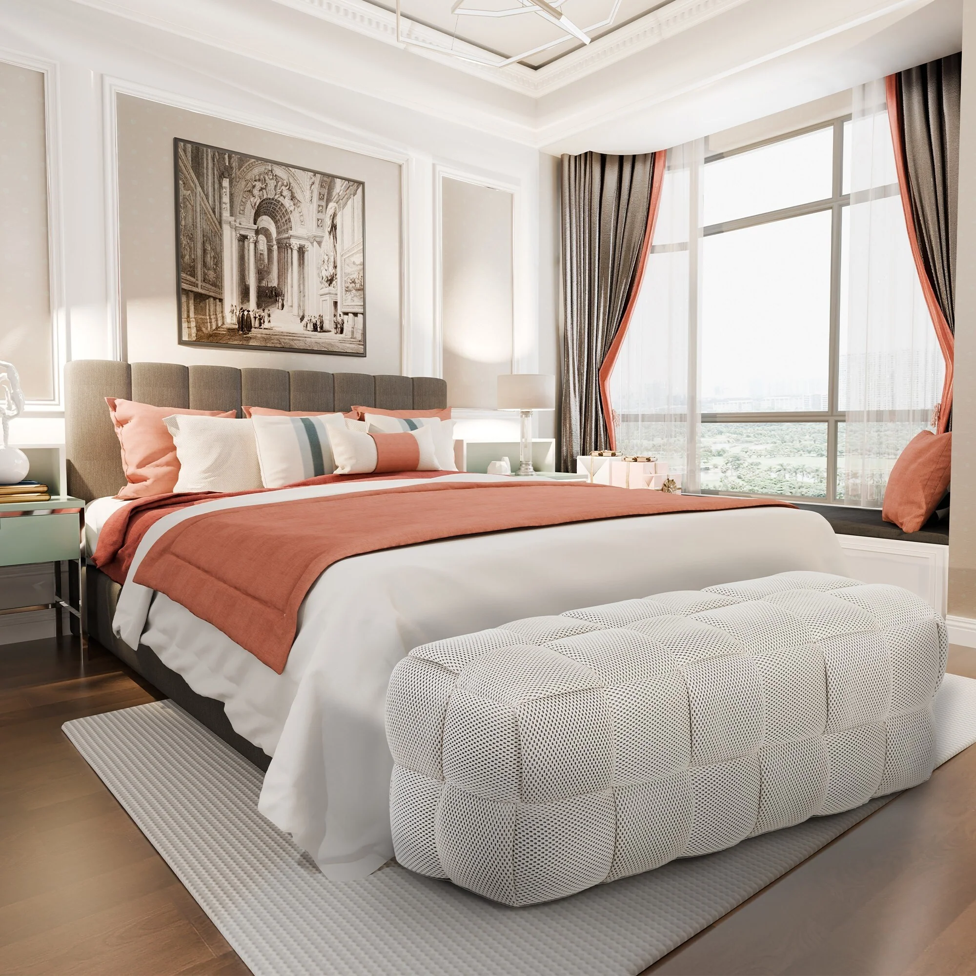 Modern 3D Breathable Fabric Large Ottoman Bench