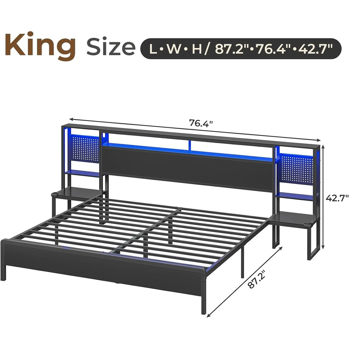 Bed Frame with Nightstands Storage Headboard & Power Outlet LED Lights