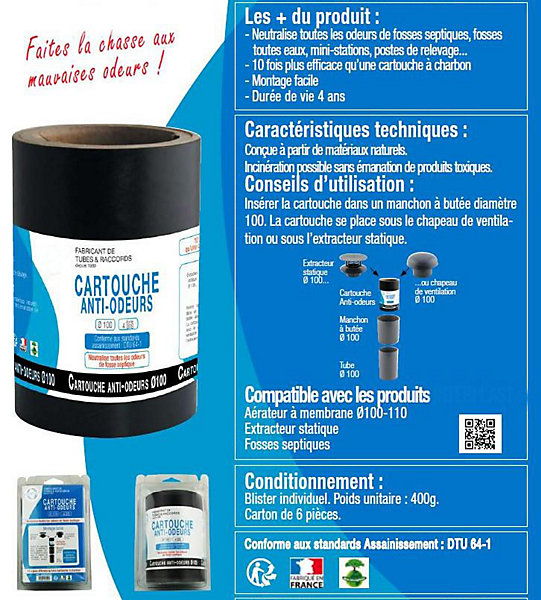 Cartouche / Filtre anti-odeurs diamètre 100 fosses septique