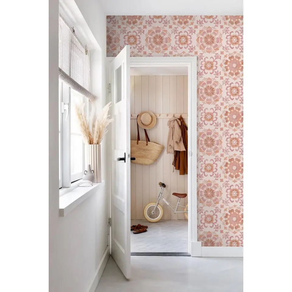 ESTAhome behang tegelmotief roze en terracotta - 50 x 900 cm