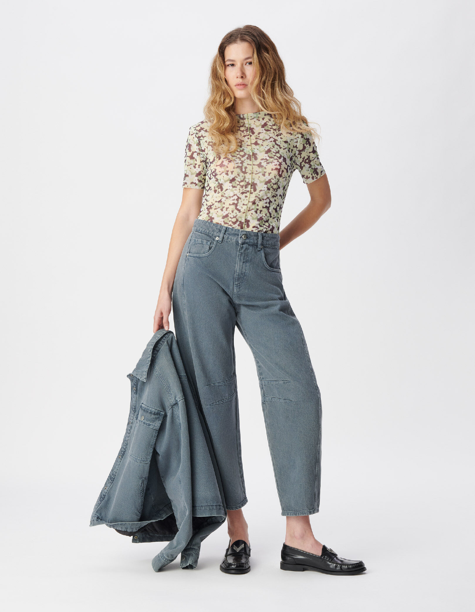 Tee-shirt vert résille motif camouflage floral Femme