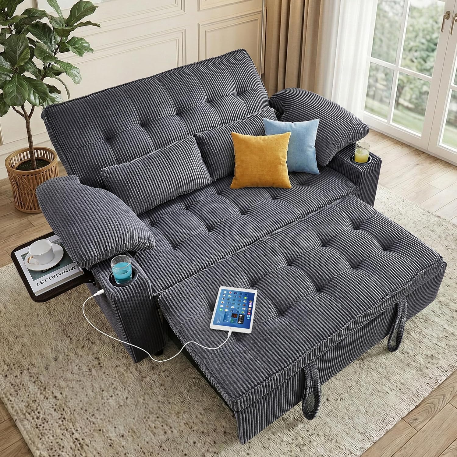 Wakefit 58in Sleeper Sofa Bed, Convertible Pull Out Couch Bed Full Size Corduroy Fabric Loveseat for Living Room, Apartment, Office(Darkgrey) | USB Charging, Cup Holder, Foldable Side Table, Adjustable Backrest, Spring Pocket Seat