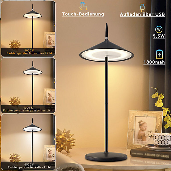 Nettlife lampe de chevet tactile sans fil led lampe de table noire dimmable 1800mha rechargeable avec usb, led, ip44