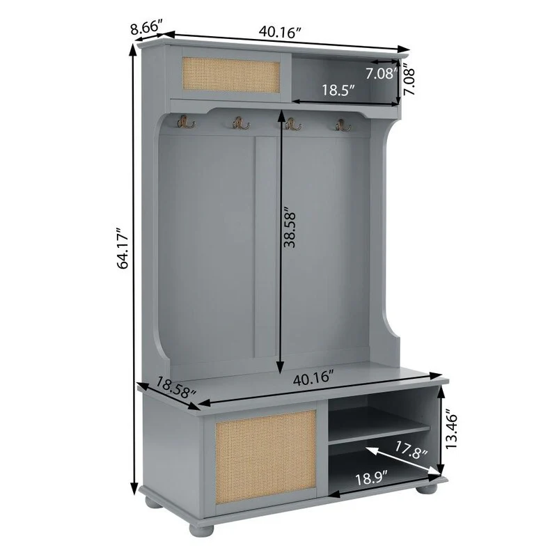 Classic Hall Tree Entryway Bench with Shoe Cabinets and Rattan Door