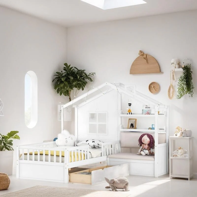 Twin Size House Bed with Sofa, Wooden Platform Bed with Two Storage Drawers and Shelf, Kids Bed with Guardrail, White