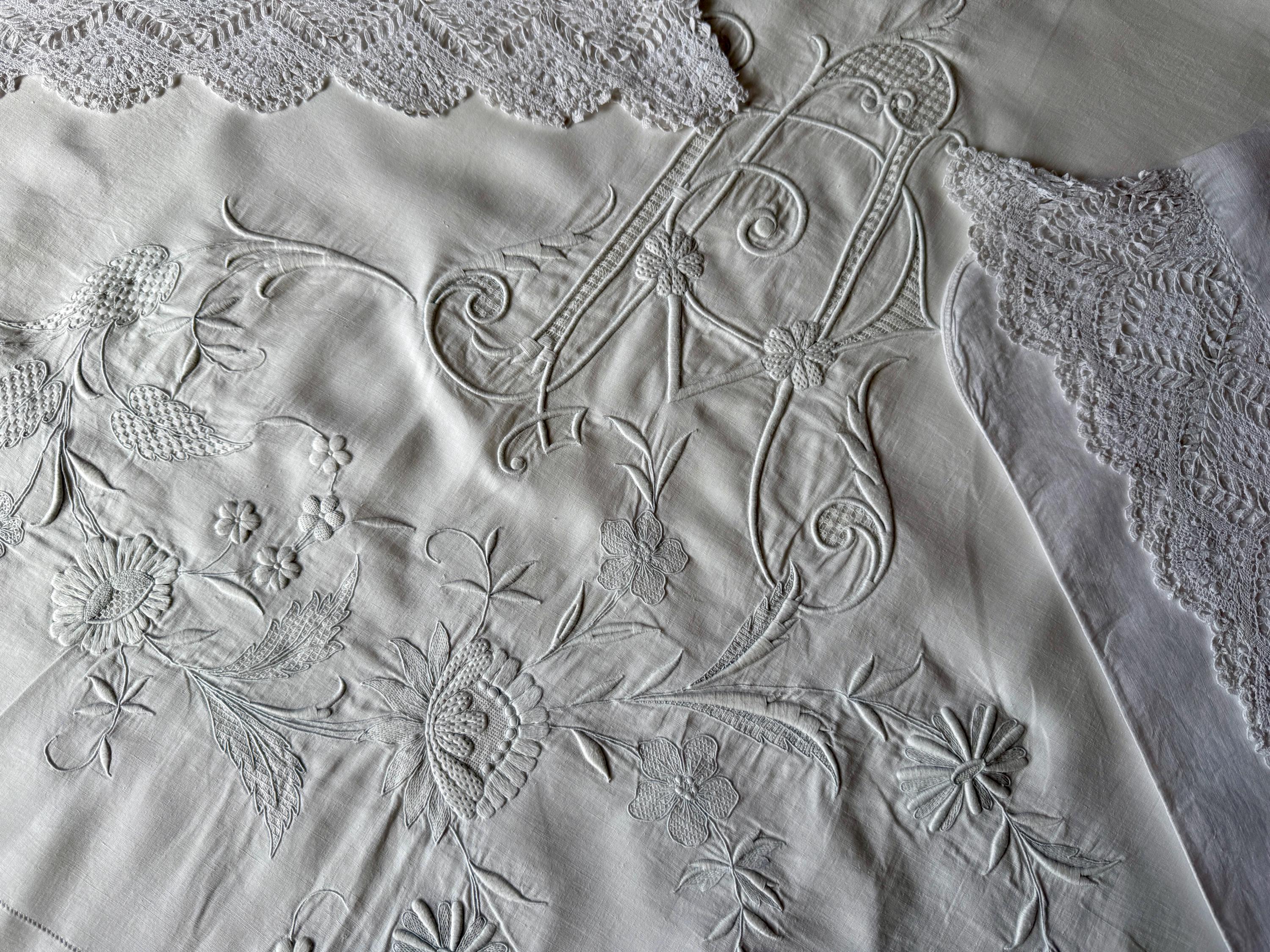 C1920s Antique Spanish Hand Embroidered Bedding Set