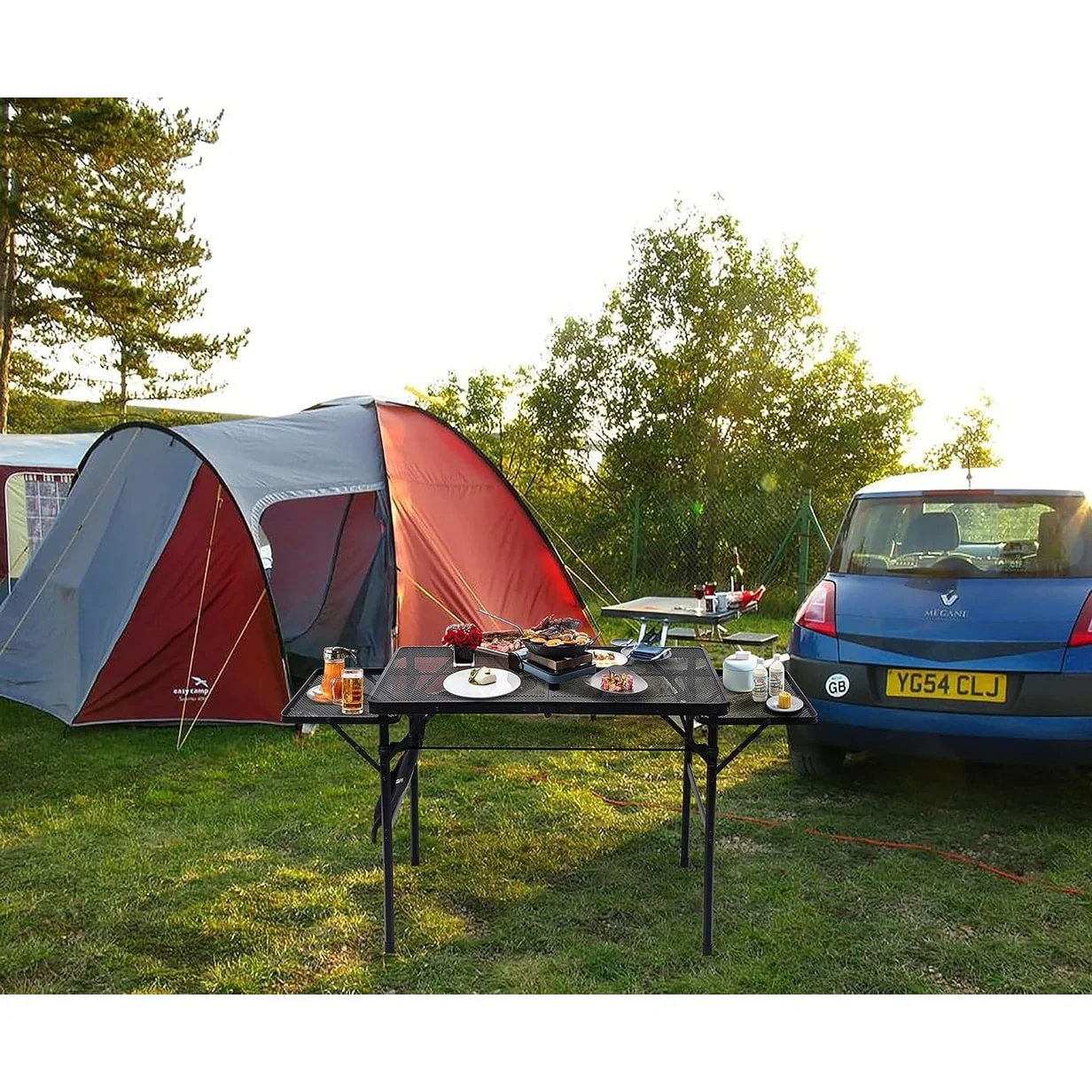 Grill Table, Camping Table, Camping Grill Table, Portable Grill Table, Metal Tabletop w/Carry Handle & Mesh Holder for RV Travel
