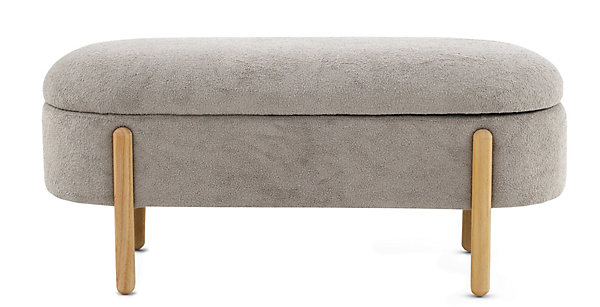 Banquette coffre tapissée en boucle grise avec structure et pieds en pin
