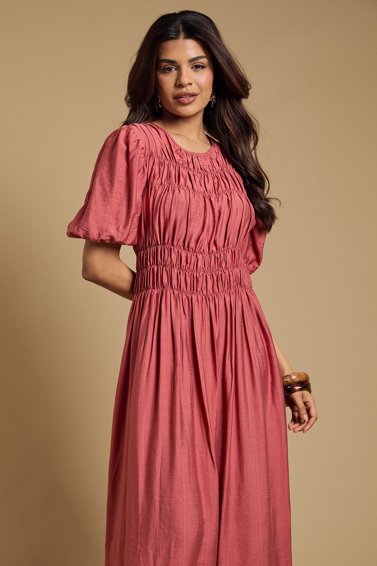 Oasis Petite Shirred Bodice Puff Sleeve Midi Dress