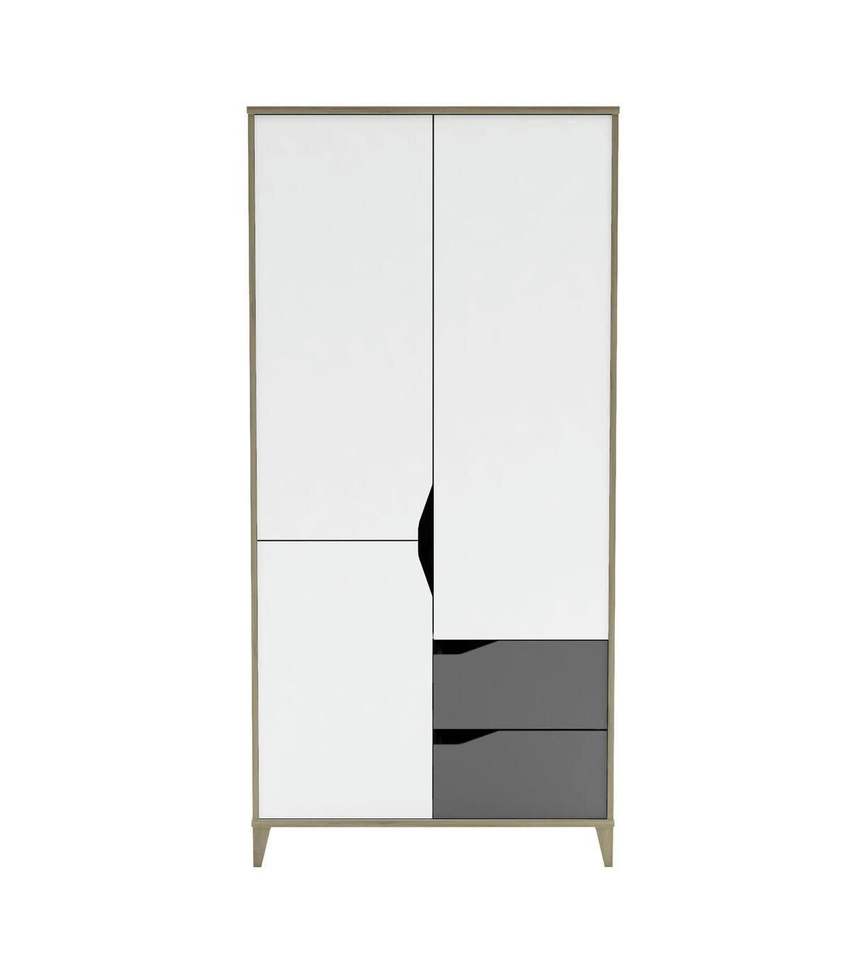 GENIUS - Armoire 3 Portes 2 Tiroirs avec Penderie L89 cm  - Gris et blanc