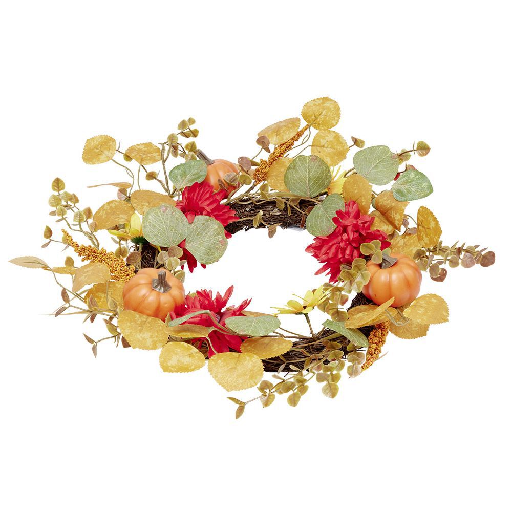 Couronne artificielle automne fleurs feuilles et citrouilles Ø45cm