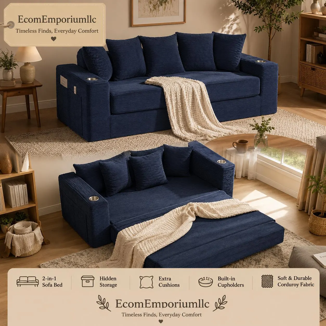 Corduroy Boneless Couch with Cup Holders & Pocket | Convertible Sofa Bed | Living Room Sofa | Modular Floor Sofa | Modern Couch Set