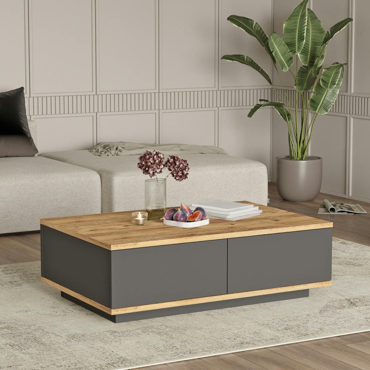 Table basse moderne, 2 rangements gris fermés MARFA