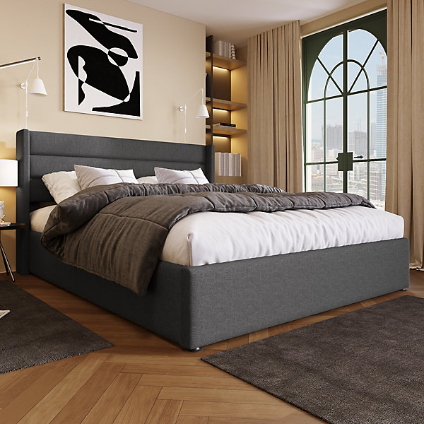 Lit 160x200 cm tapissé lin gris avec rangement hydraulique, tête de lit 3 panneaux rembourrée, cadre renforcé