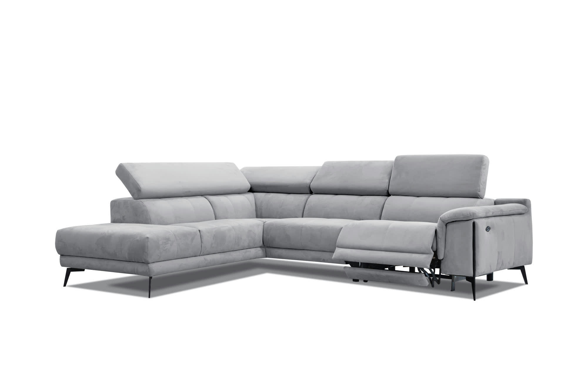 MATERA - Canapé d'angle droit 5 places avec relax électrique, Tissu Gris clair