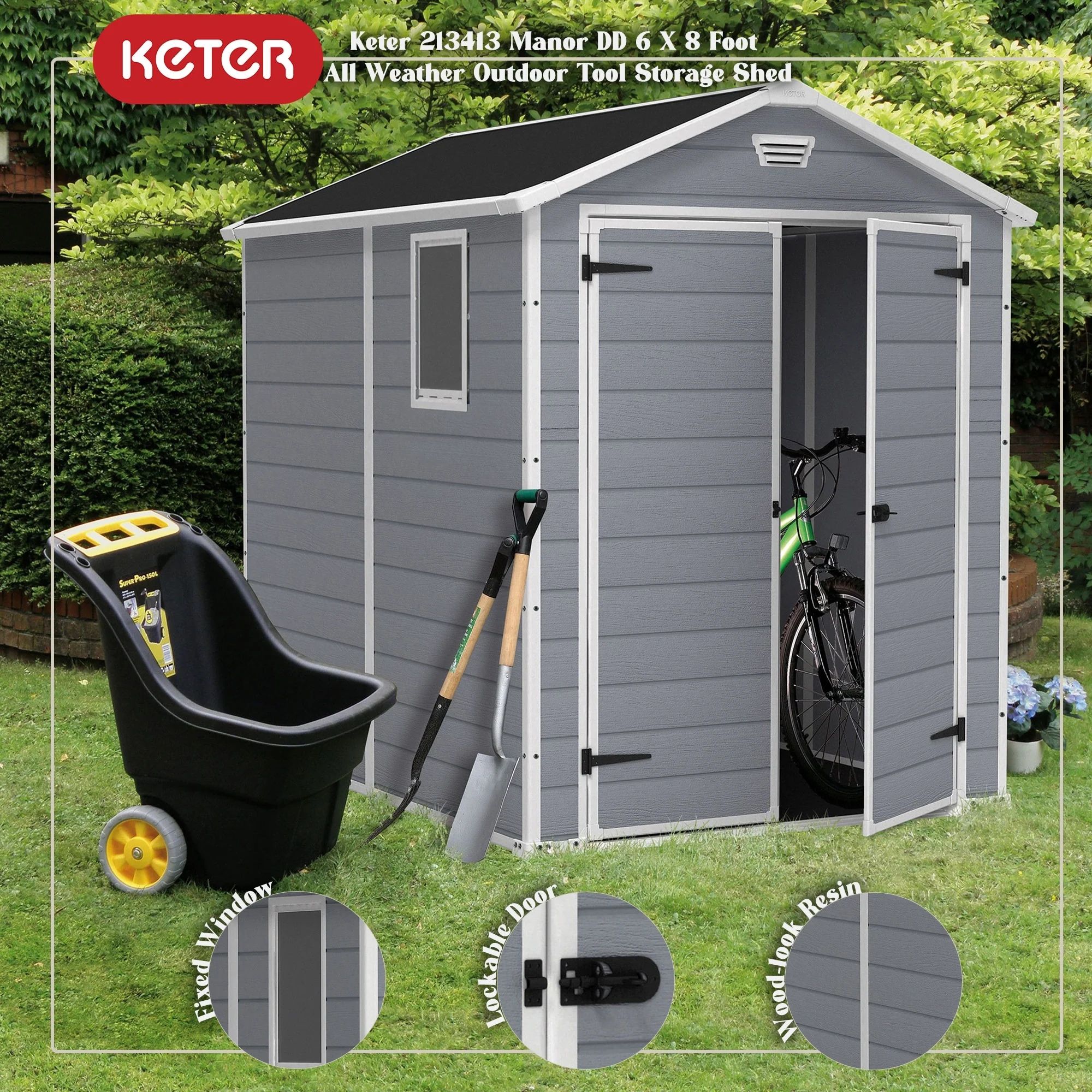 Keter 213413 Manor 6 X 8 Foot Resin All Weather Outdoor Tool Storage Shed, Grey - 157.7