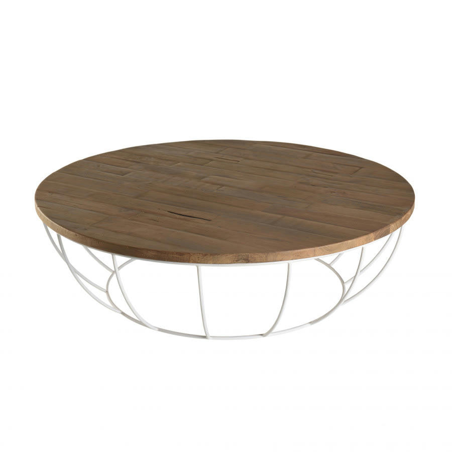 ALIDA - Table basse coque en teck recyclé métal blanc D120